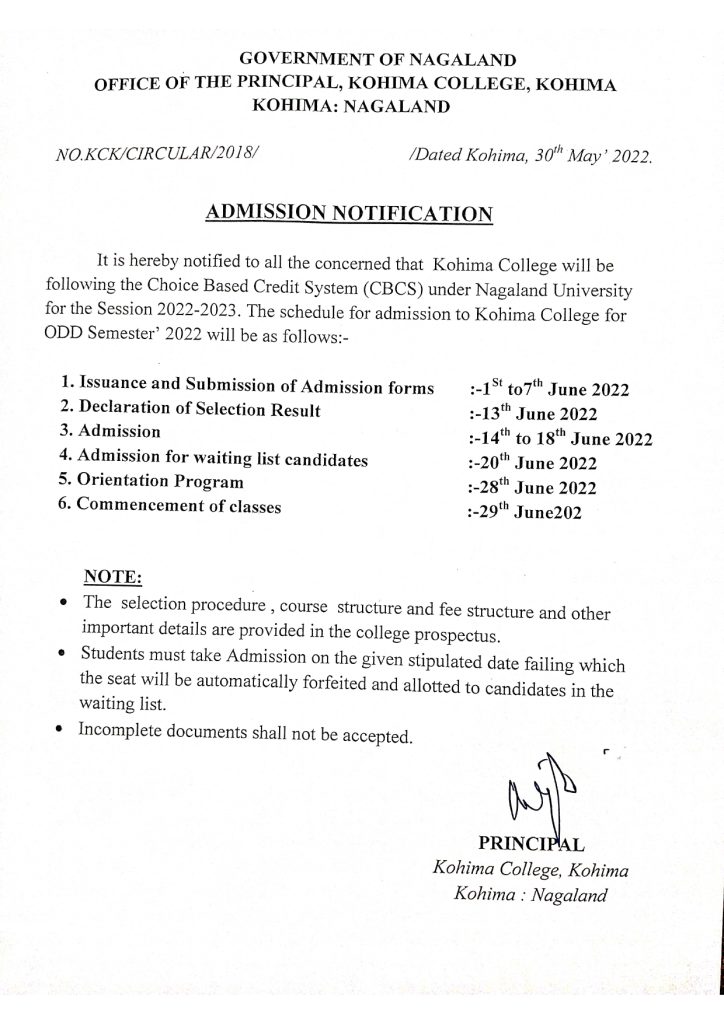 Admission Notification Kohima College 